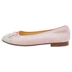 Chanel Pink/Silver Canvas and Leather CC Cap Toe Bow Ballet Flats Size 39