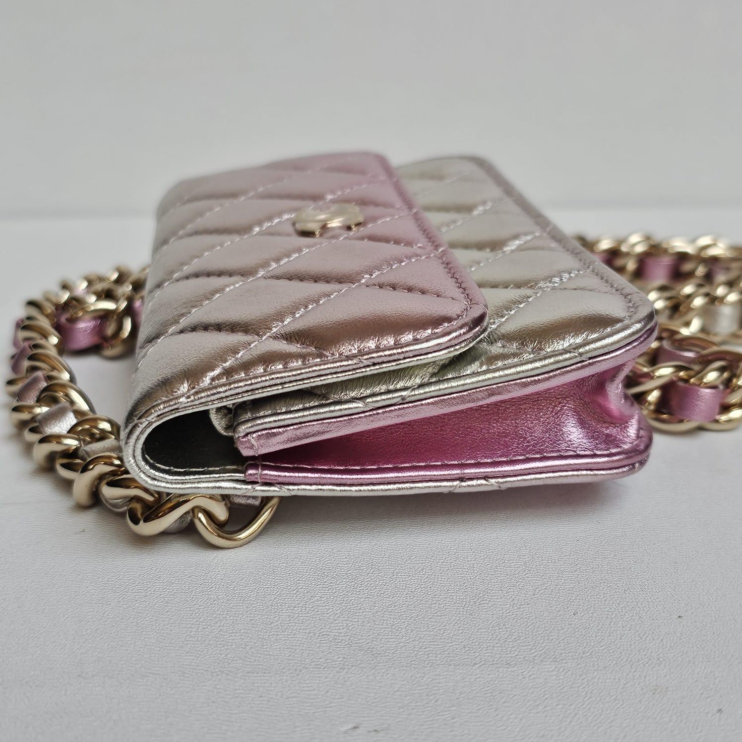 Chanel Pink Silver Metallic Iridescent Wallet on Chain For Sale 6