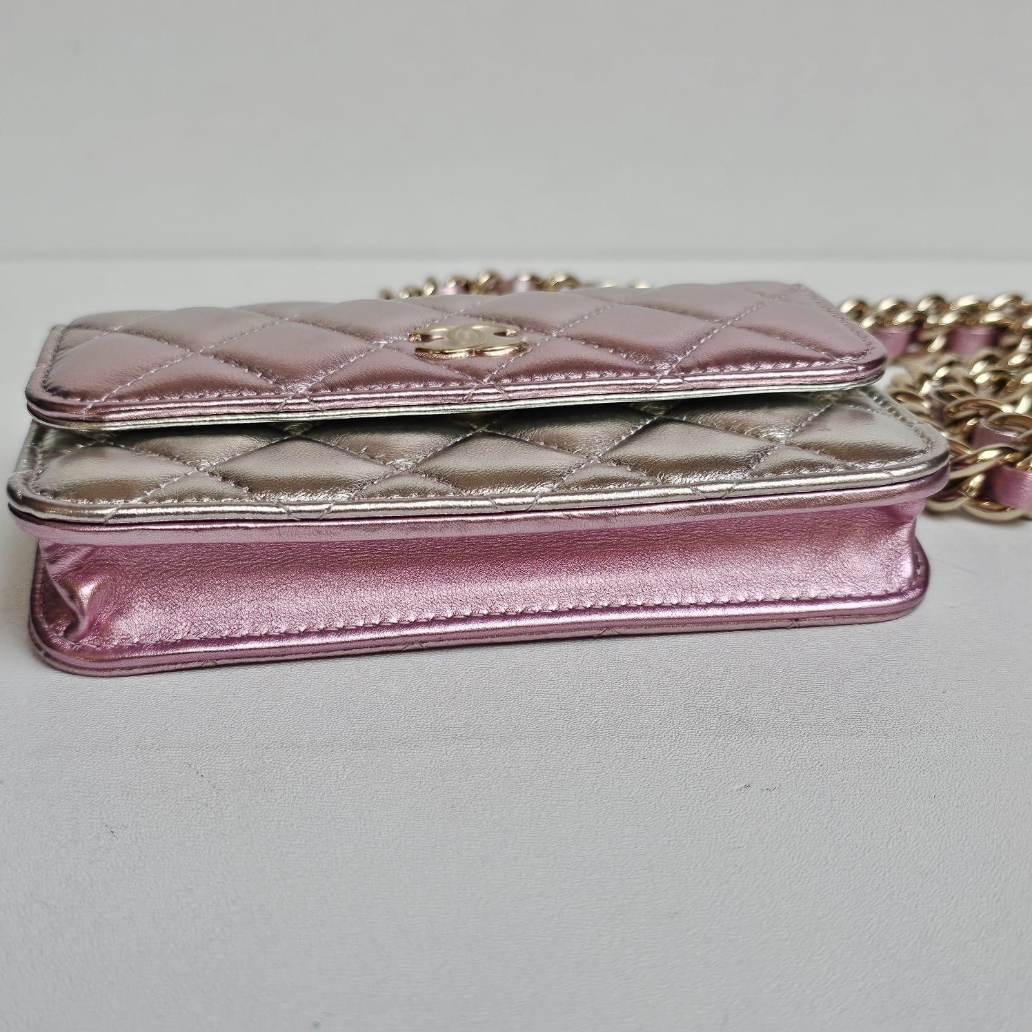 Chanel Pink Silver Metallic Iridescent Wallet on Chain For Sale 7