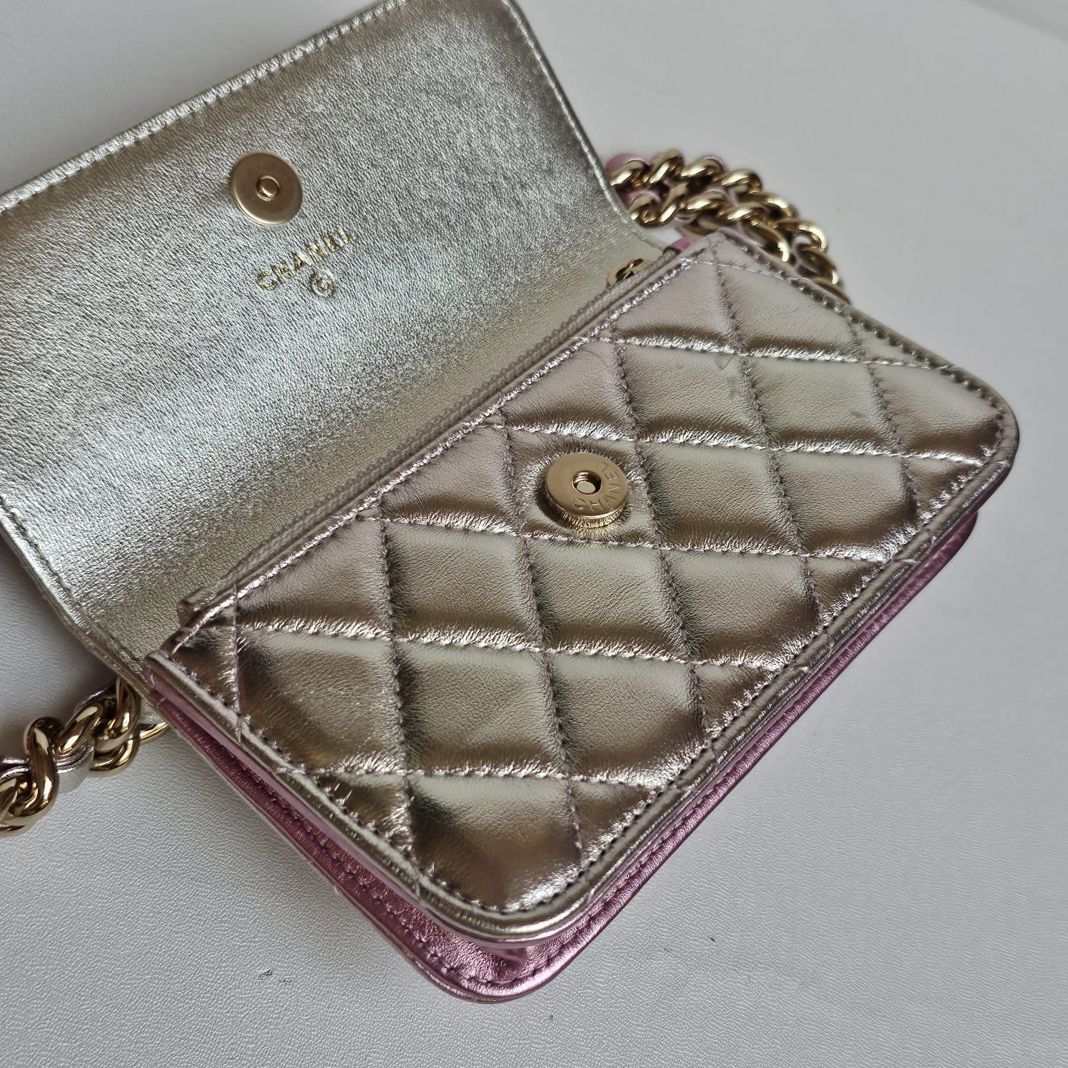 Chanel Pink Silver Metallic Iridescent Wallet on Chain For Sale 8