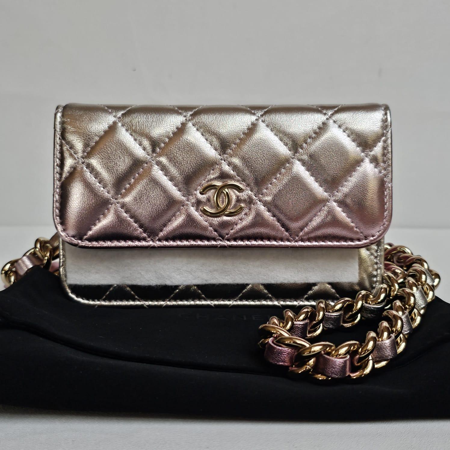 Chanel Pink Silver Metallic Iridescent Wallet on Chain For Sale 9
