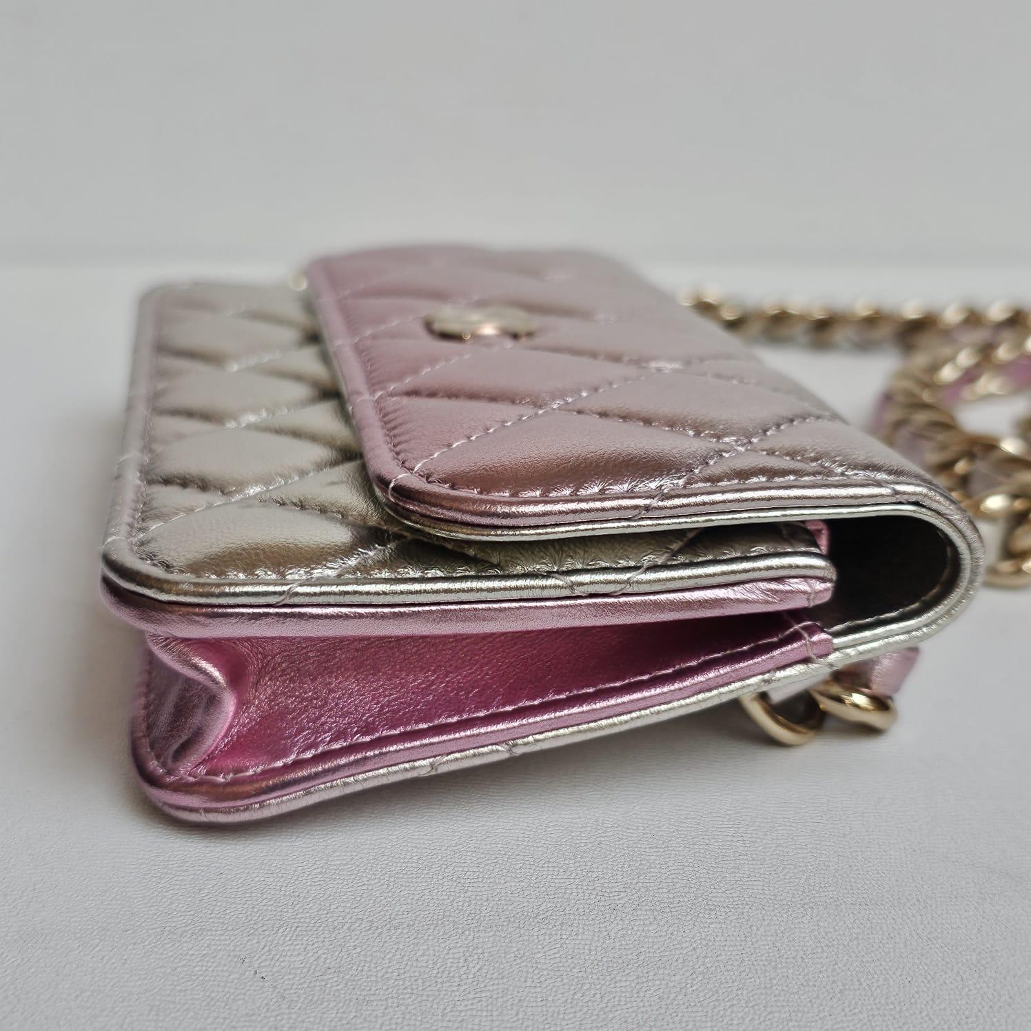 Chanel Pink Silver Metallic Iridescent Wallet on Chain For Sale 3