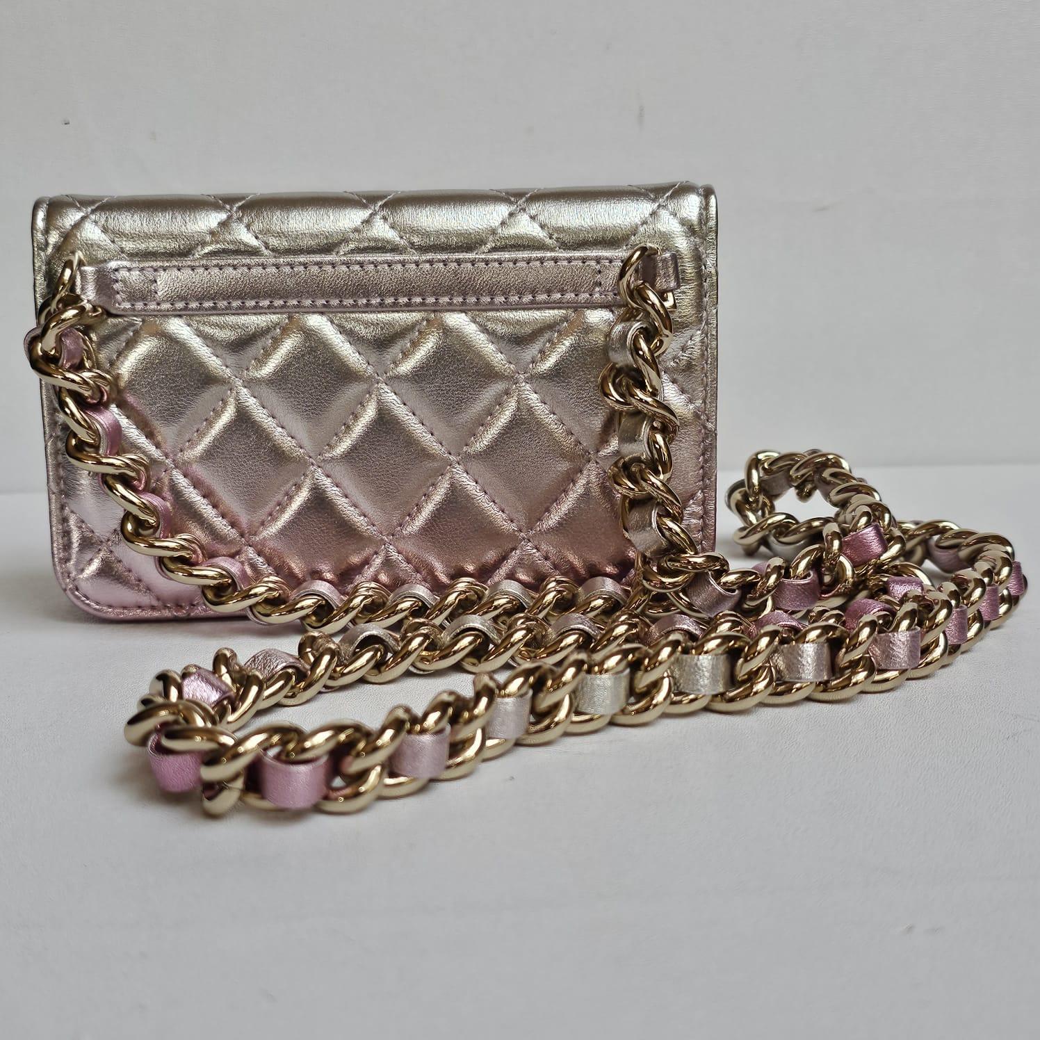 Chanel Pink Silver Metallic Iridescent Wallet on Chain For Sale 5