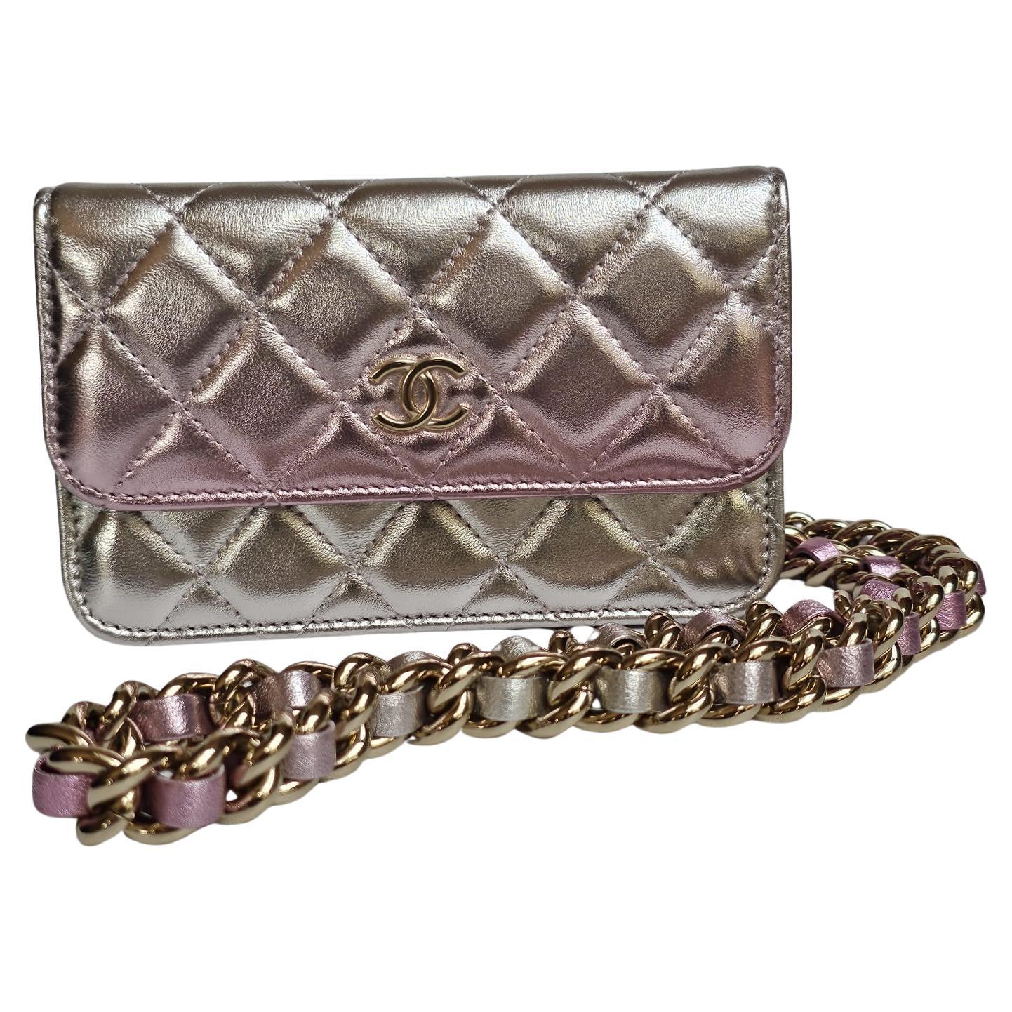 Chanel Pink Silver Metallic Iridescent Wallet on Chain For Sale
