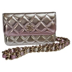 Chanel Pink Silver Metallic Iridescent Wallet on Chain