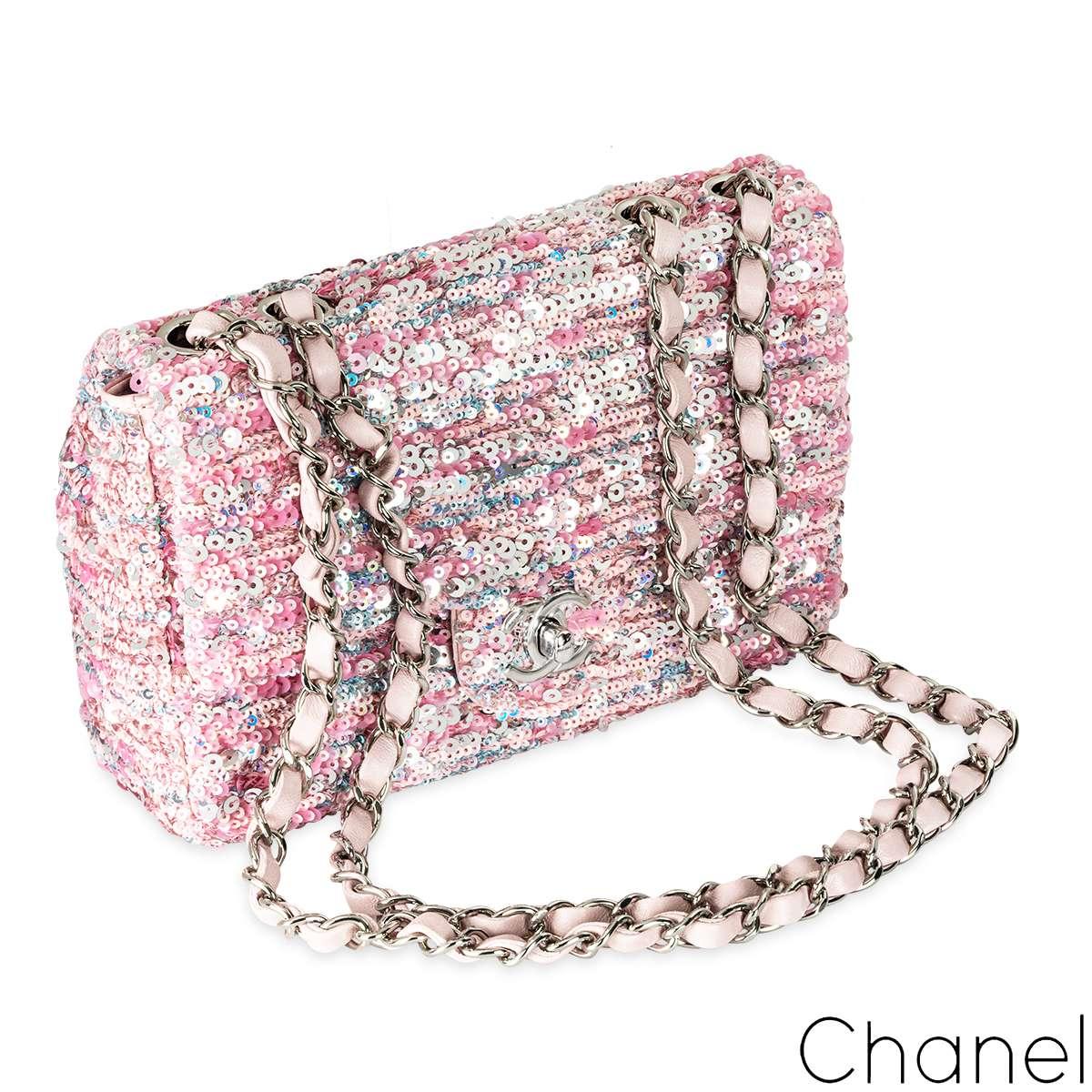 Beige Chanel Pink & Silver Sequin Single Flap Silver Tone Hardware Bag For Sale