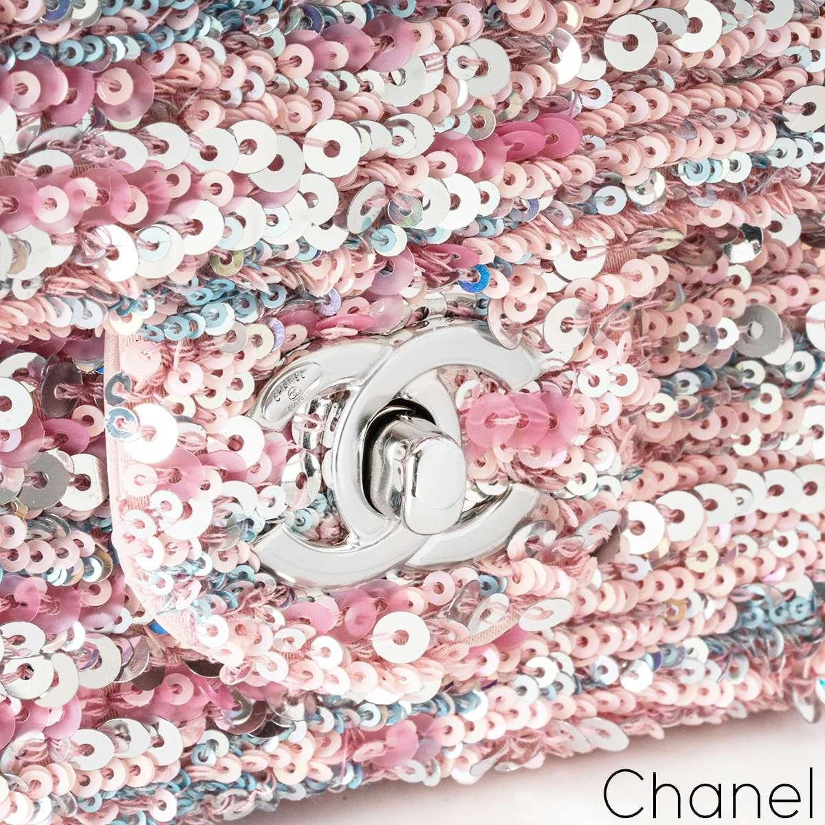 Chanel Pink & Silver Sequin Single Flap Silver Tone Hardware Bag In New Condition For Sale In Mayfair, London, London