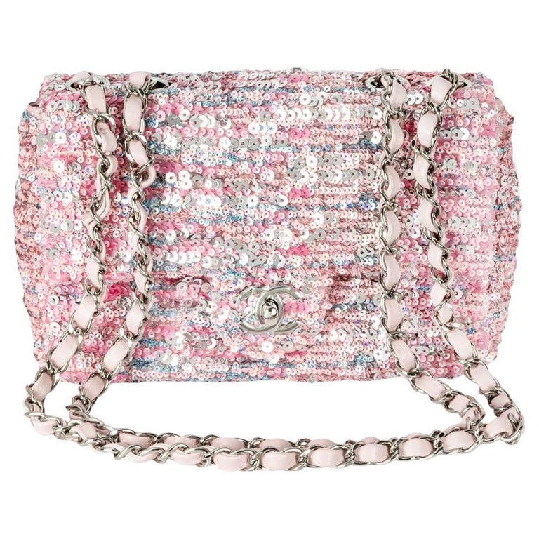 Chanel Pink and Silver Sequin Single Flap Silver Tone Hardware Bag