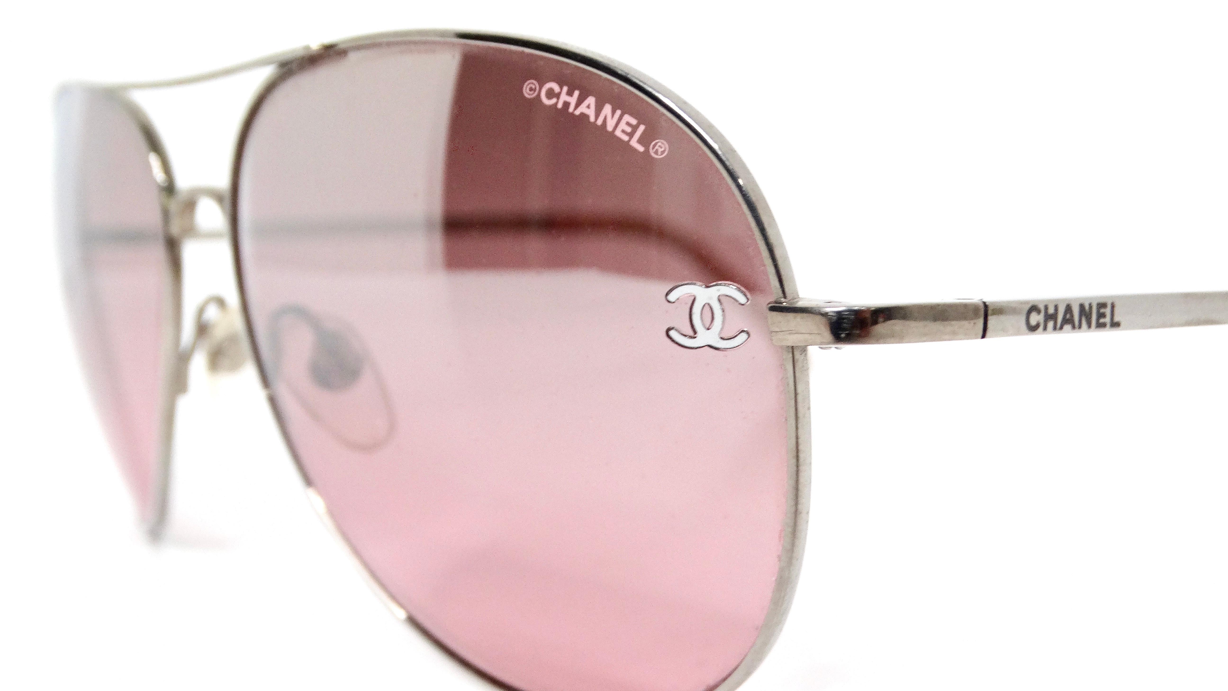 Brown Chanel Pink & Silver-Tone Metal Frame Pilot Aviator Sunglasses For Sale