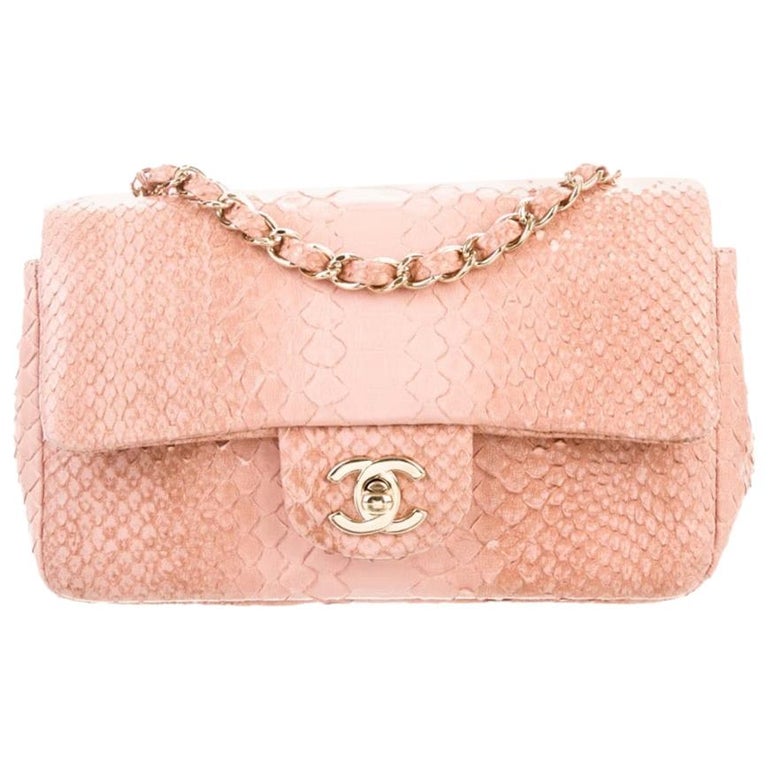 Chanel Pink Snakeskin Exotic Gold Leather Medium Evening Shoulder Flap Bag