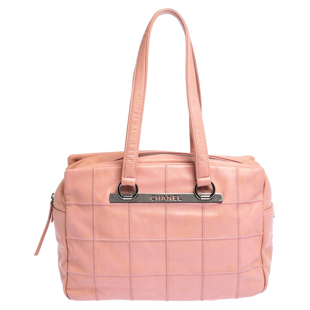 Chanel Pink Square Quilt Caviar Leather LAX Bowler Bag