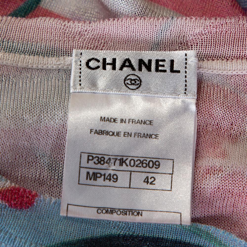 Chanel Pink Striped Floral Print Knit Shift Dress L In Good Condition In Dubai, Al Qouz 2