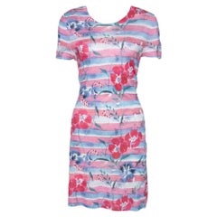 Chanel Pink Striped Floral Print Knit Shift Dress L