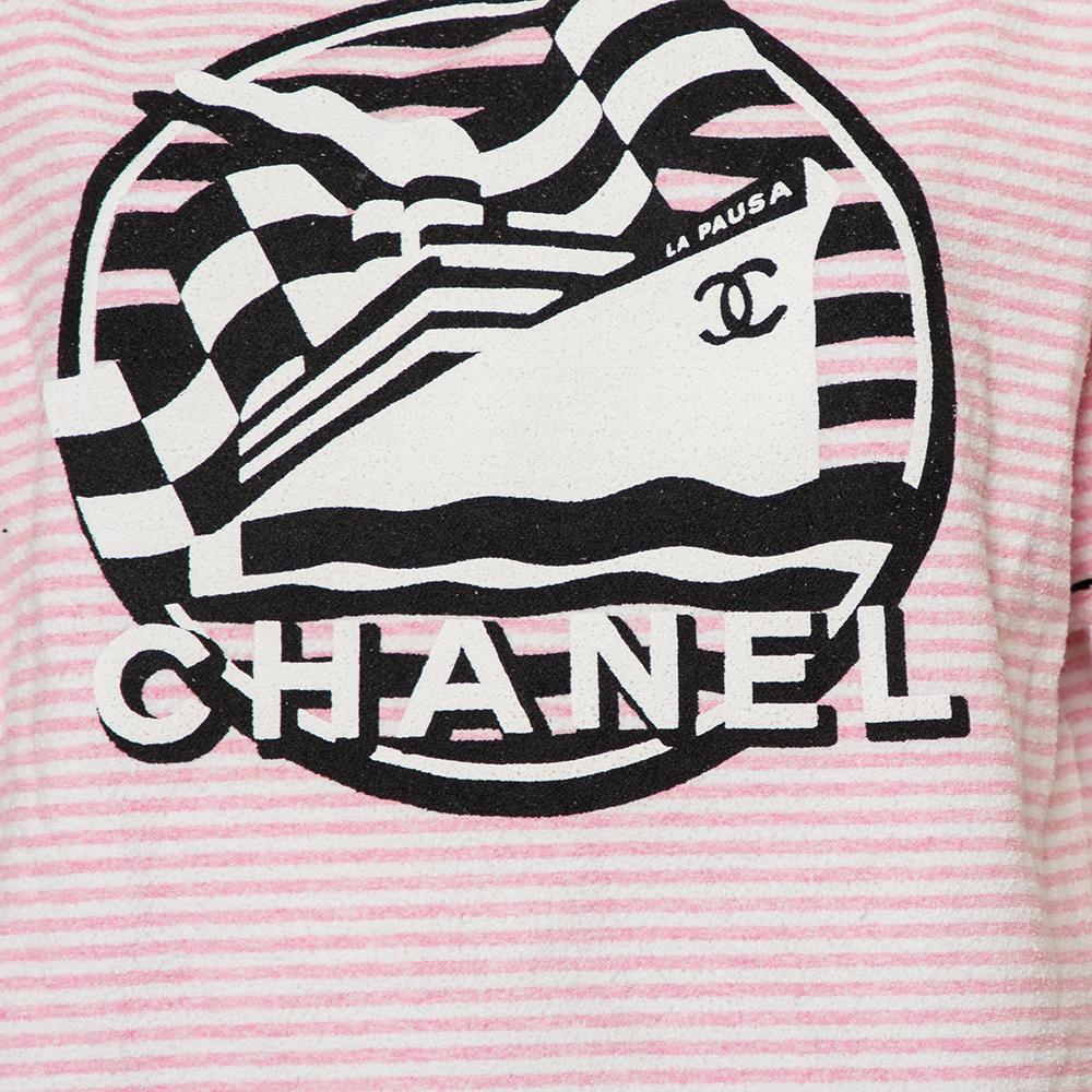 Beige Chanel Pink Striped Terry Logo Printed Crewneck T-Shirt L