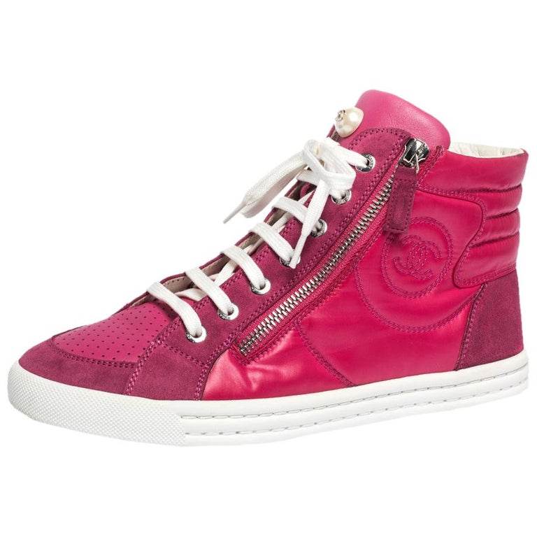 Chanel Pink Suede And Nylon CC Pearl Double Zip High Top Trainers Size 37  at 1stDibs