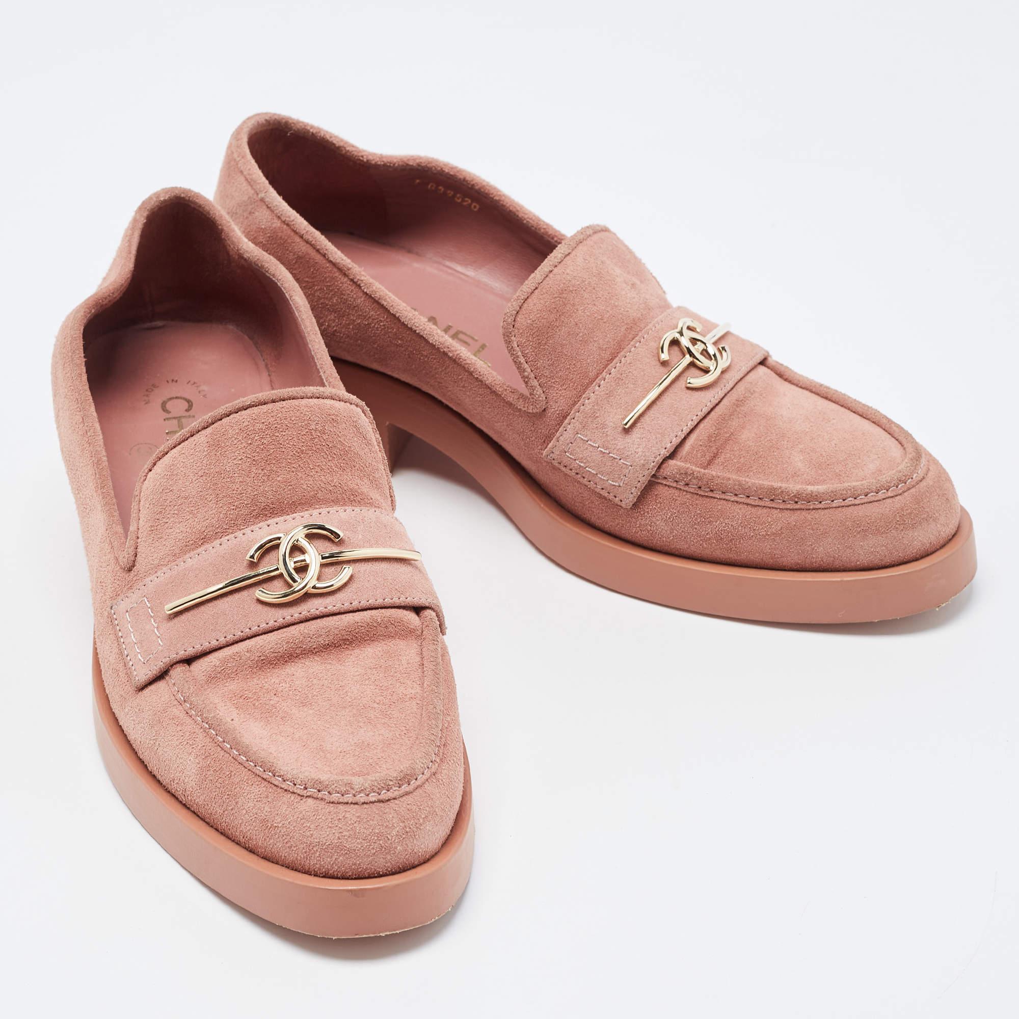 Women's Chanel Pink Suede CC Loafers Size 38