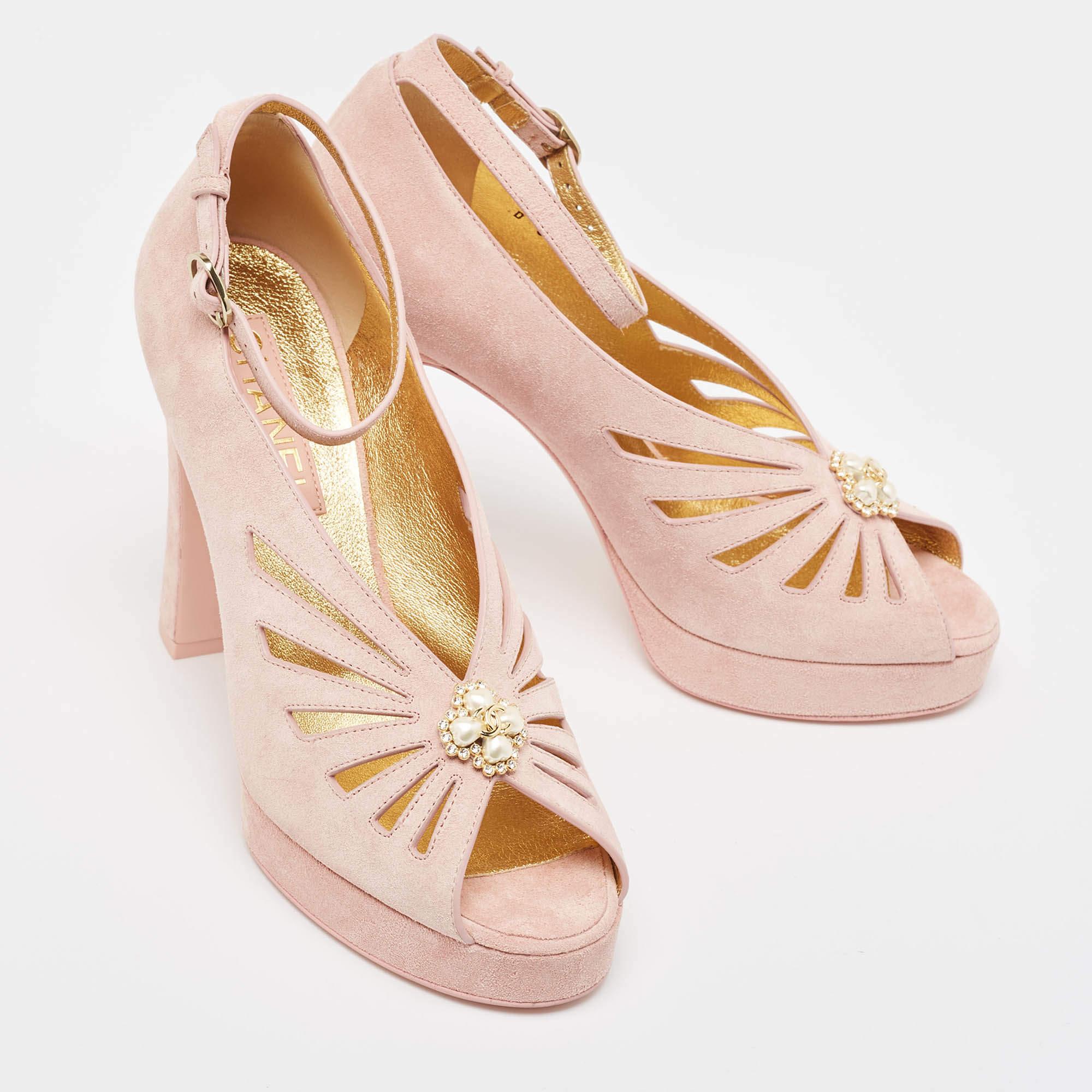Women's Chanel Pink Suede Embellished Platform Sandals Size 38.5