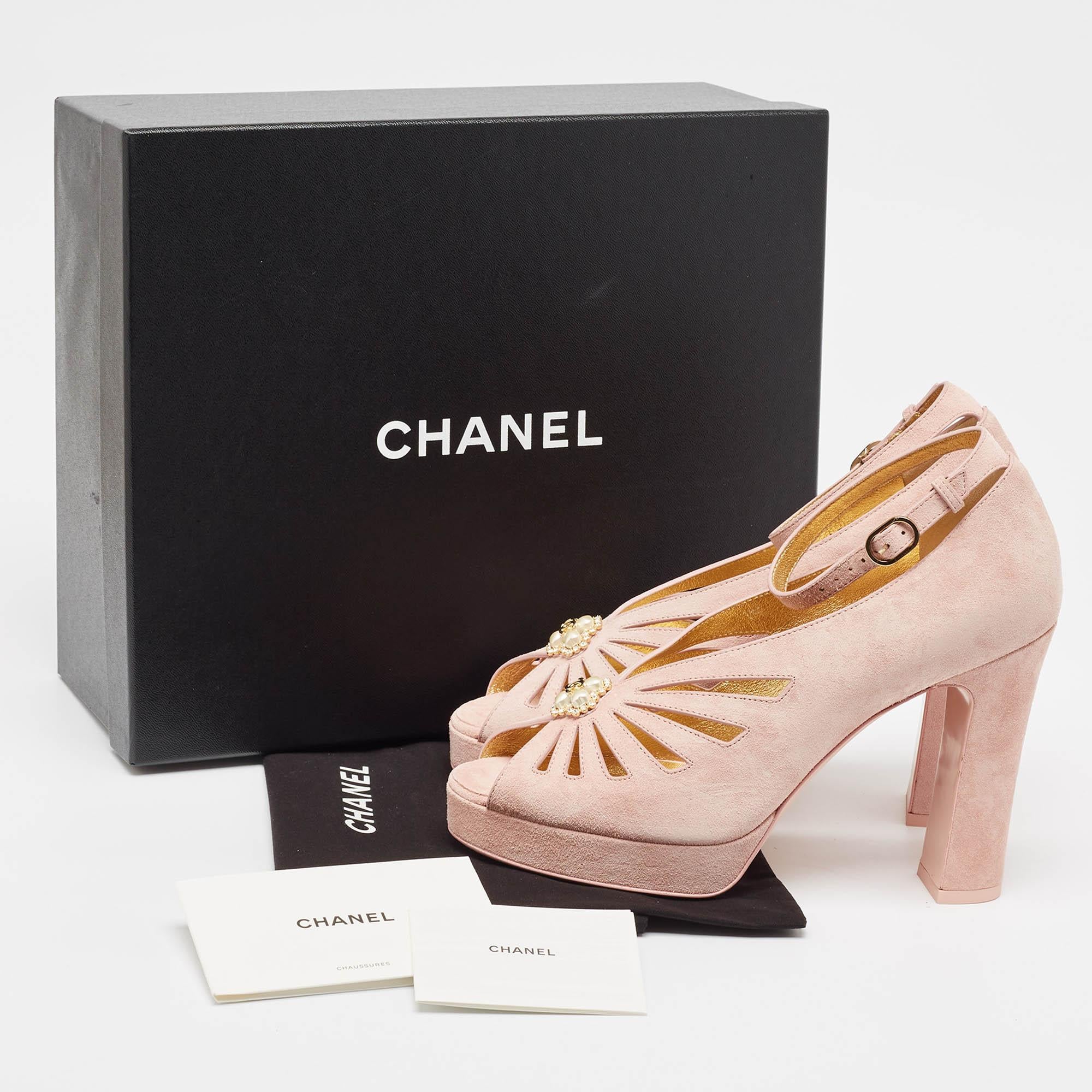 Chanel Pink Suede Embellished Platform Sandals Size 38.5 5