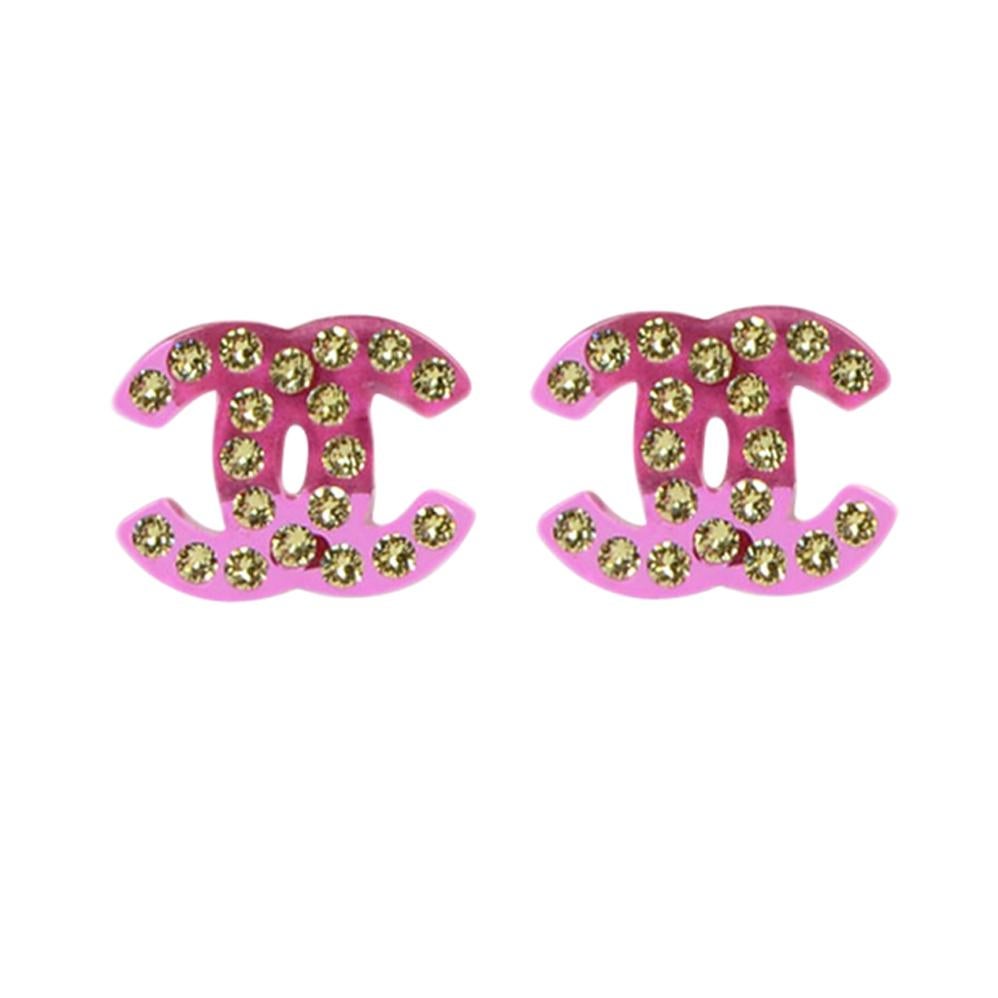 Chanel Pink Swarovski Crystal Pierced CC Earrings