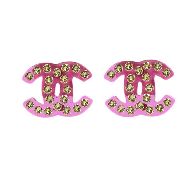 Chanel Pink Swarovski Crystal Pierced CC Earrings at 1stDibs