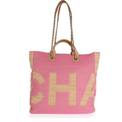 Chanel Pink & Tan Raffia Large Shopping Tote