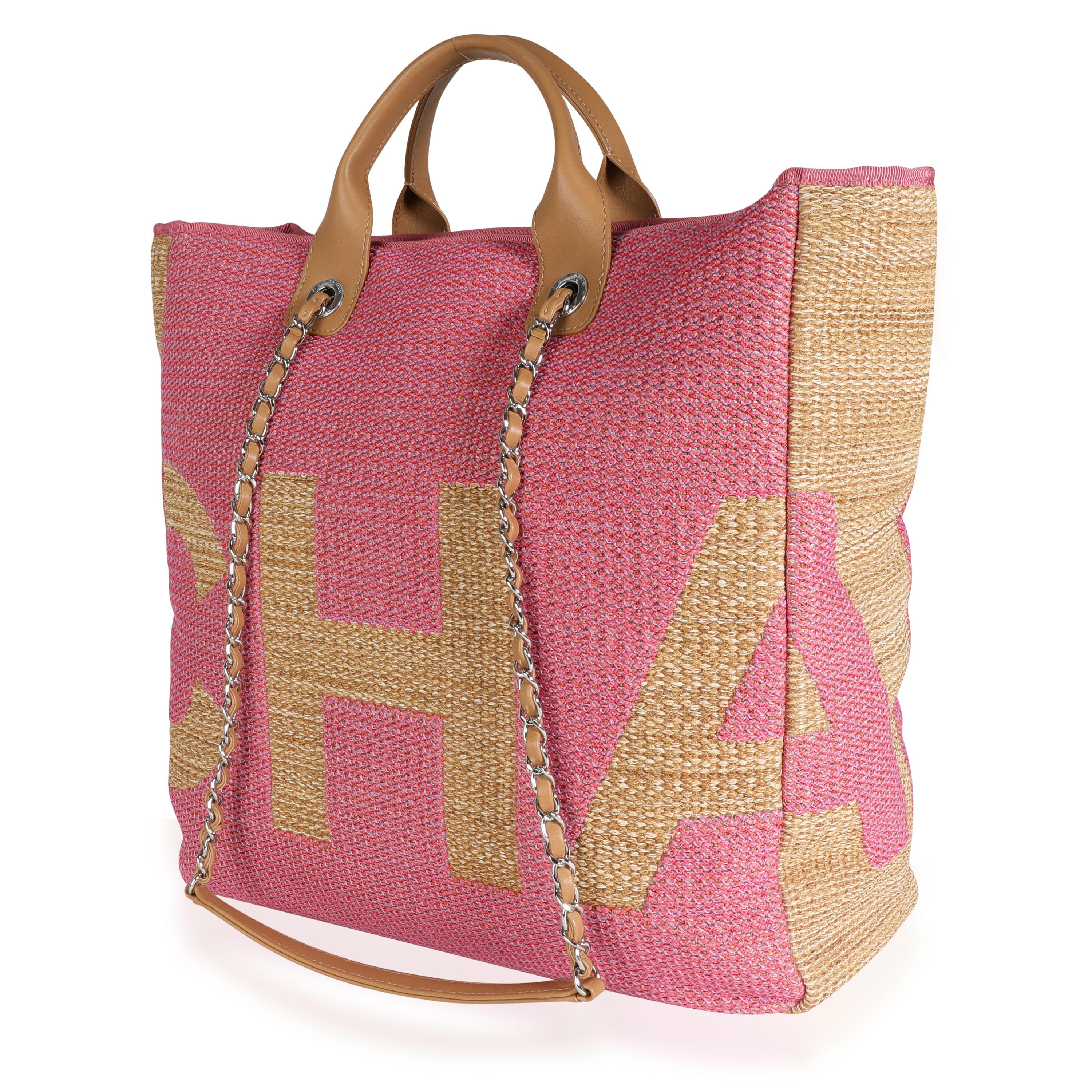 Chanel Pink & Tan Raffia Large Shopping Tote In Excellent Condition In New York, NY