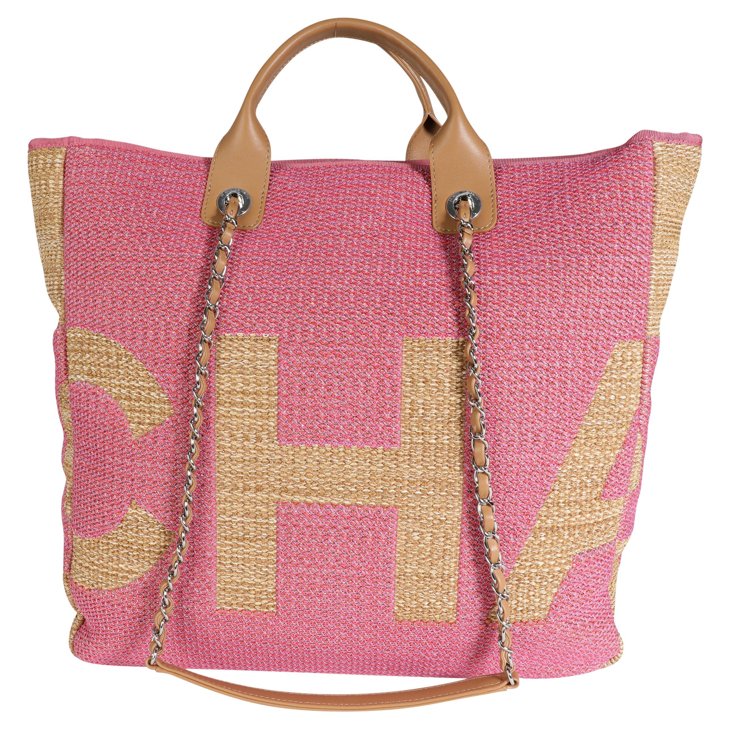 Chanel Pink and Tan Raffia Large Shopping Tote at 1stDibs