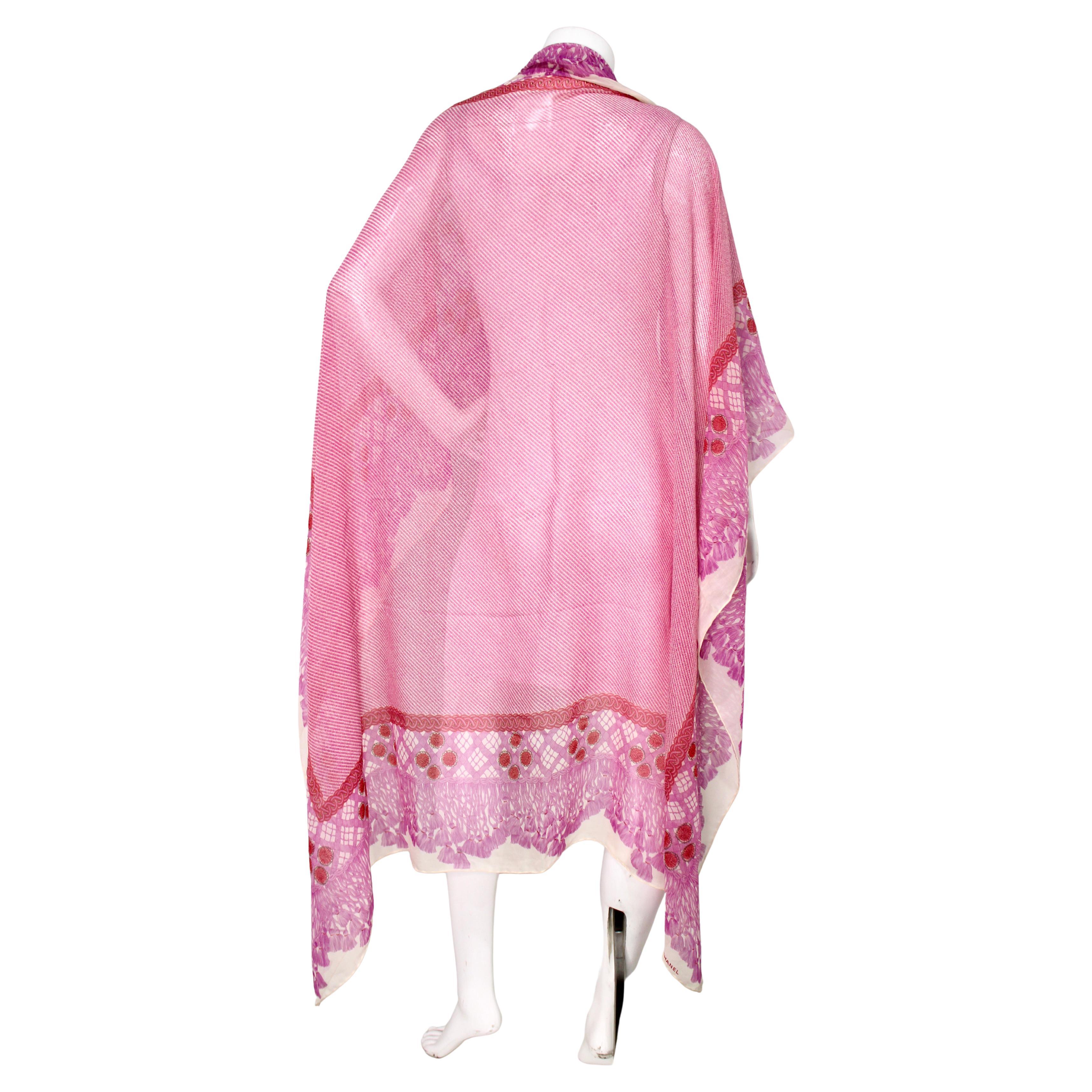 Chanel Pink Tassel Tapestry Print Silk Scarf
