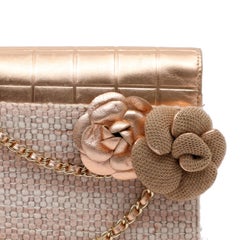 Chanel Pink Tweed and Leather Flap Bag with Camellia Details and Gold Hardware