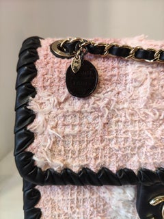 Chanel pink tweed black leather gold hardware shoulder bag