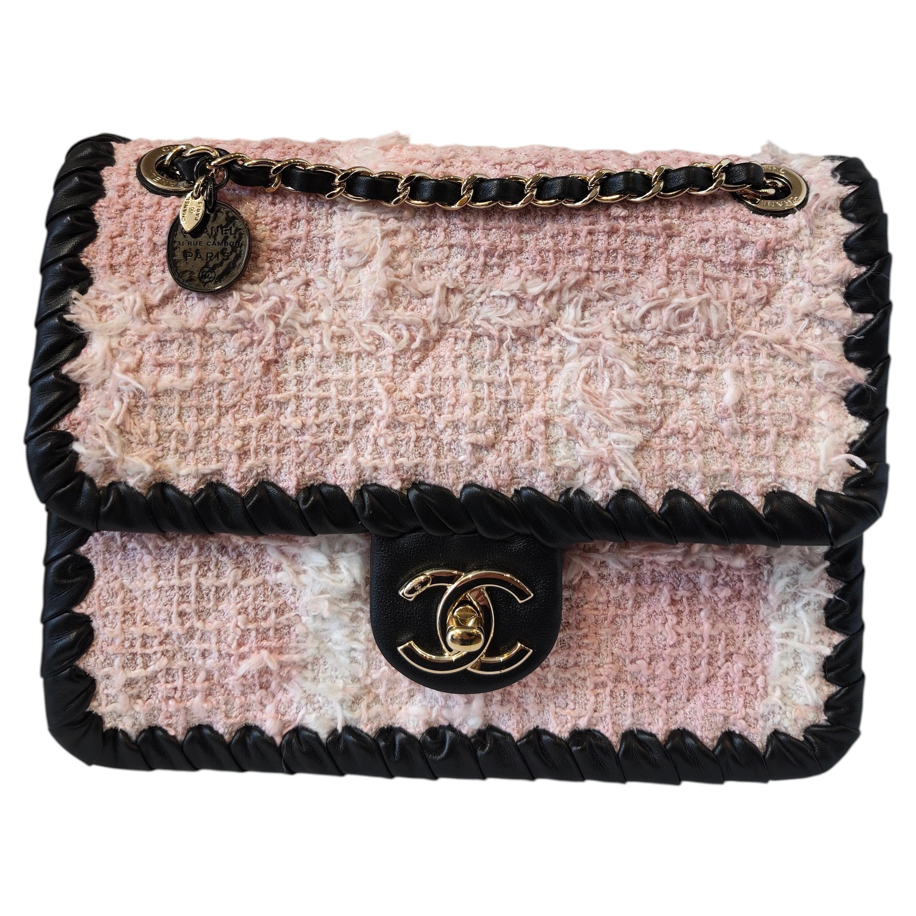 Chanel pink tweed black leather gold hardware shoulder bag