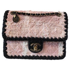 Chanel pink tweed black leather gold hardware shoulder bag