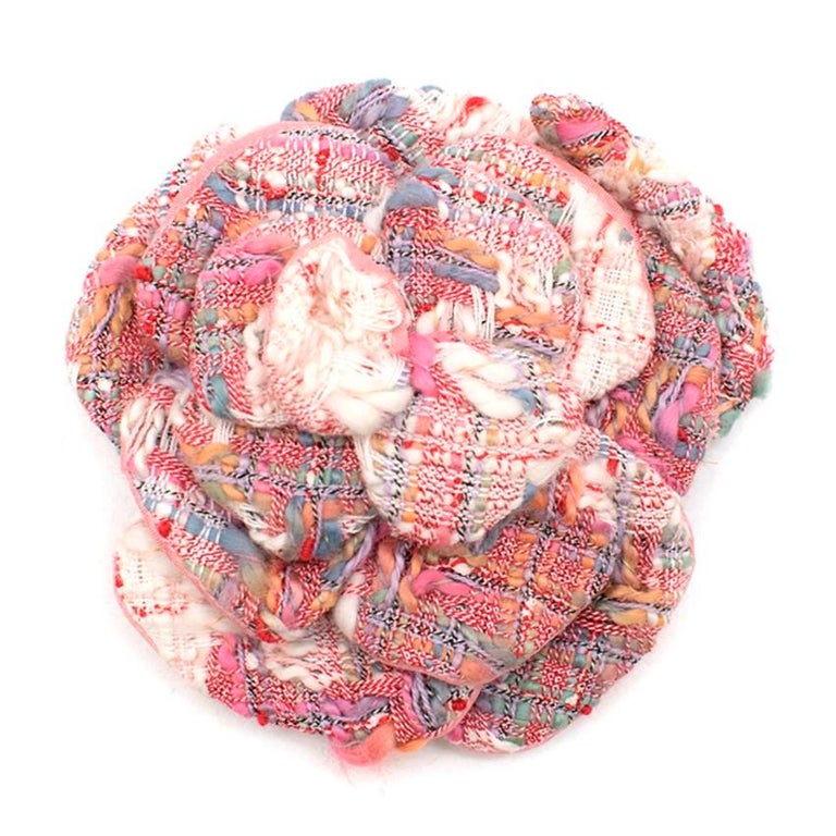 Chanel Pink Tweed Camellia Brooch at 1stDibs