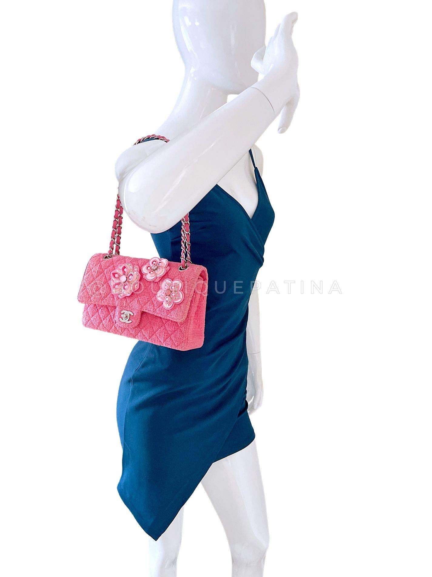 Chanel Pink Tweed Crystal Sakura Flower Flap Bag Silicone SHW 68348 For Sale 11