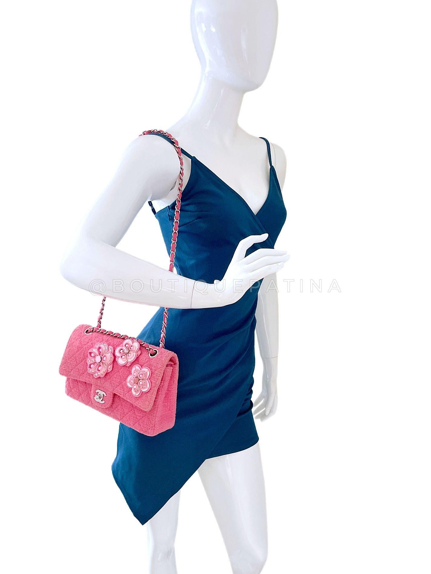 Chanel Pink Tweed Crystal Sakura Flower Flap Bag Silicone SHW 68348 For Sale 12
