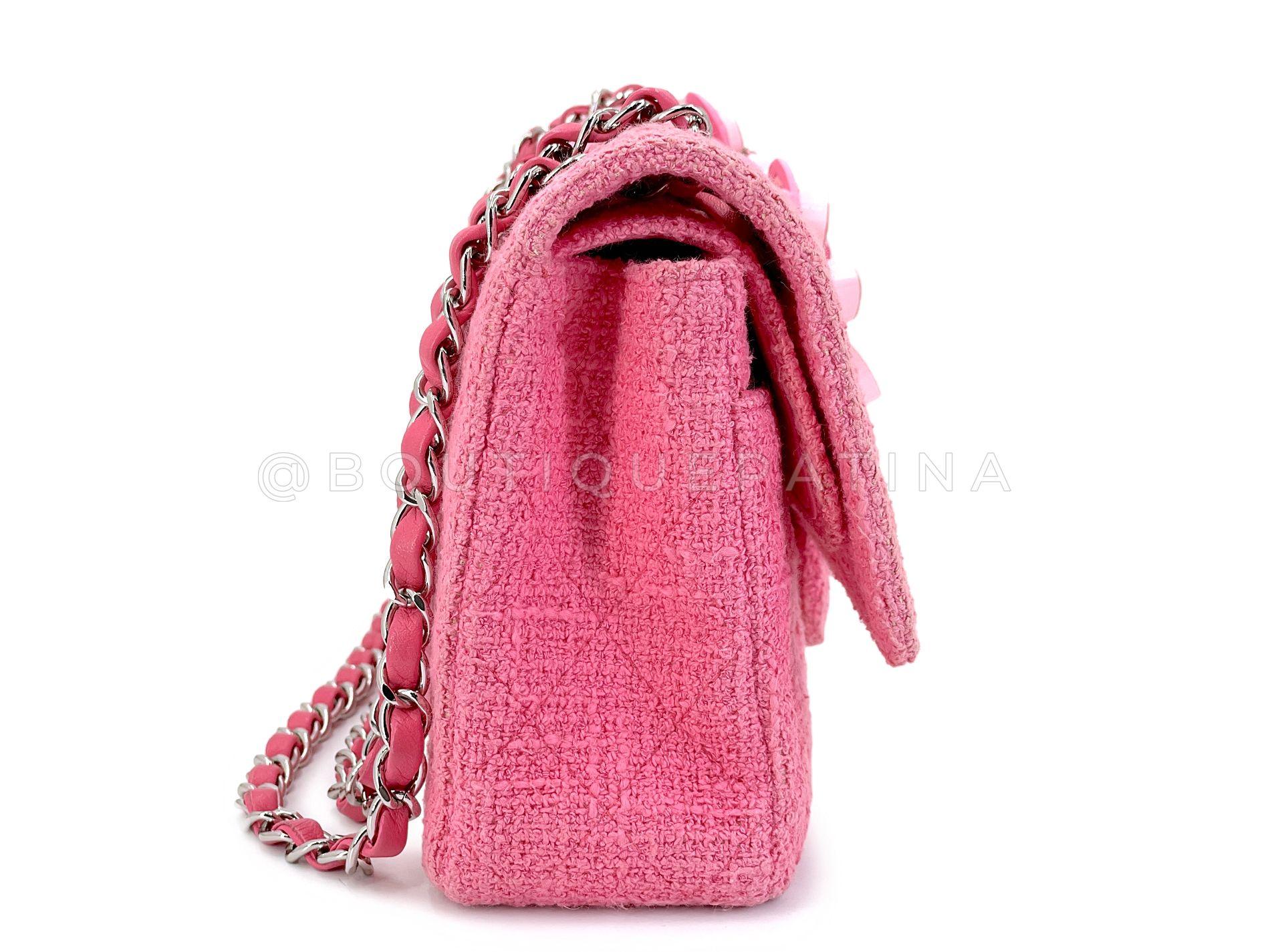 Women's Chanel Pink Tweed Crystal Sakura Flower Flap Bag Silicone SHW 68348 For Sale