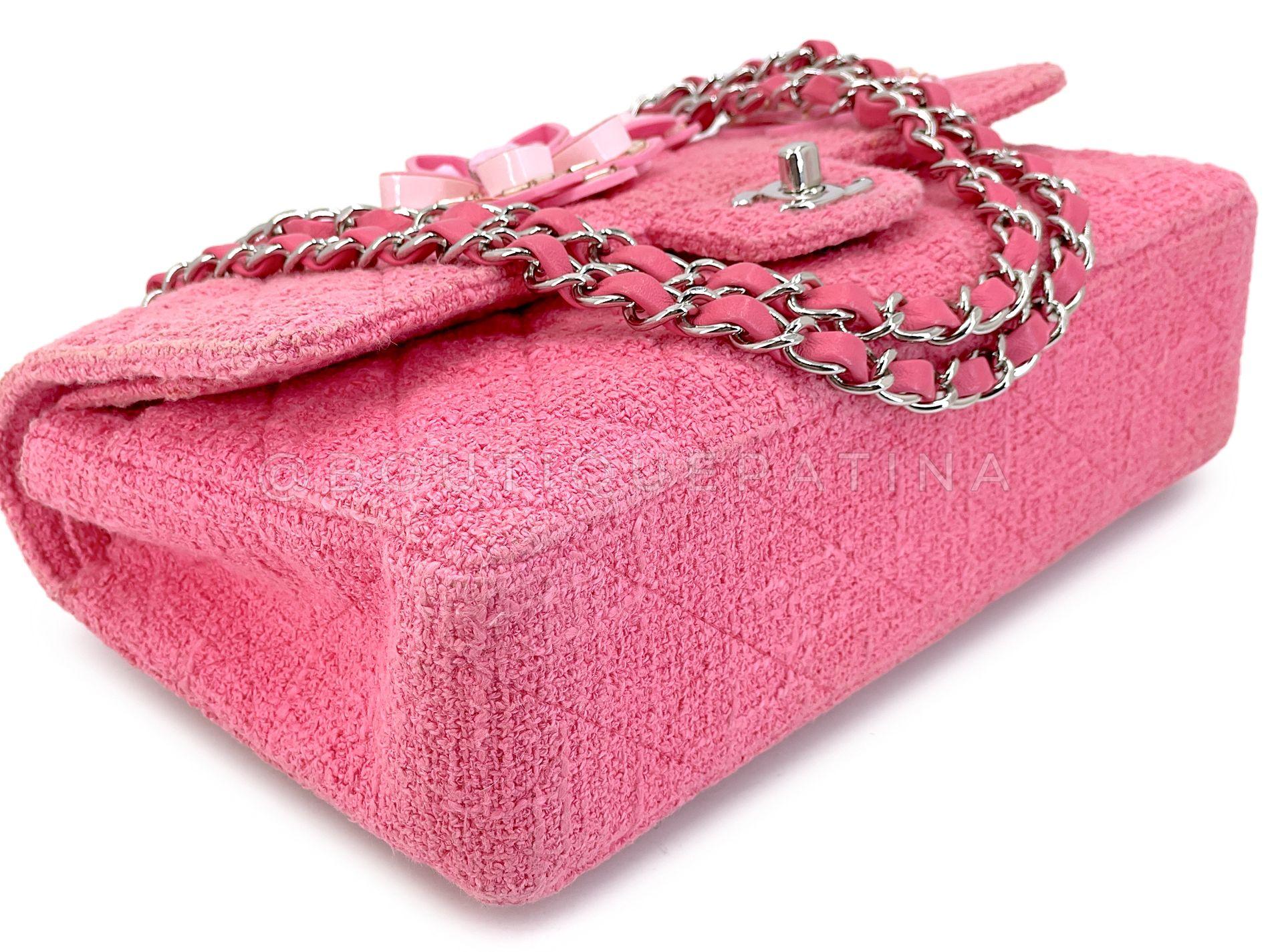 Chanel Pink Tweed Crystal Sakura Flower Flap Bag Silicone SHW 68348 For Sale 3