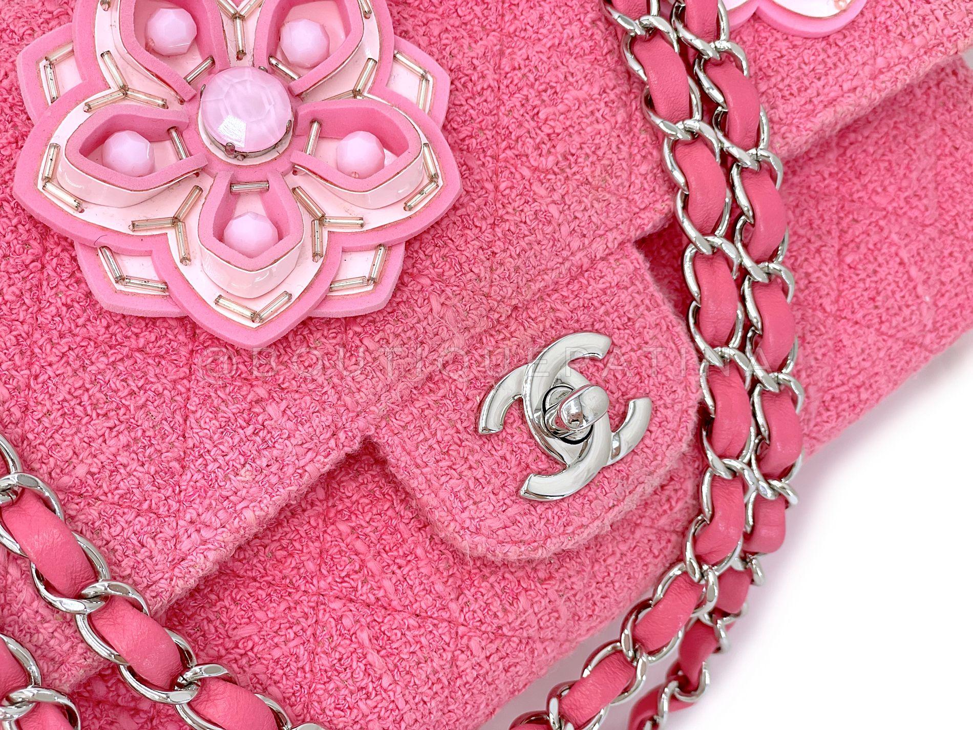 Chanel Pink Tweed Crystal Sakura Flower Flap Bag Silicone SHW 68348 For Sale 4