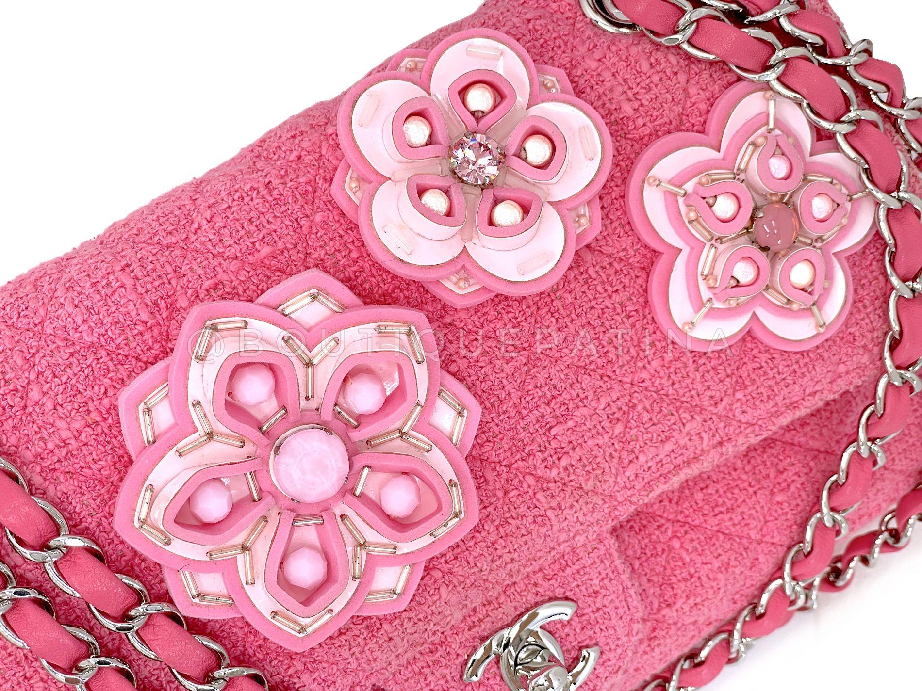 Chanel Pink Tweed Crystal Sakura Flower Flap Bag Silicone SHW 68348 For Sale 5