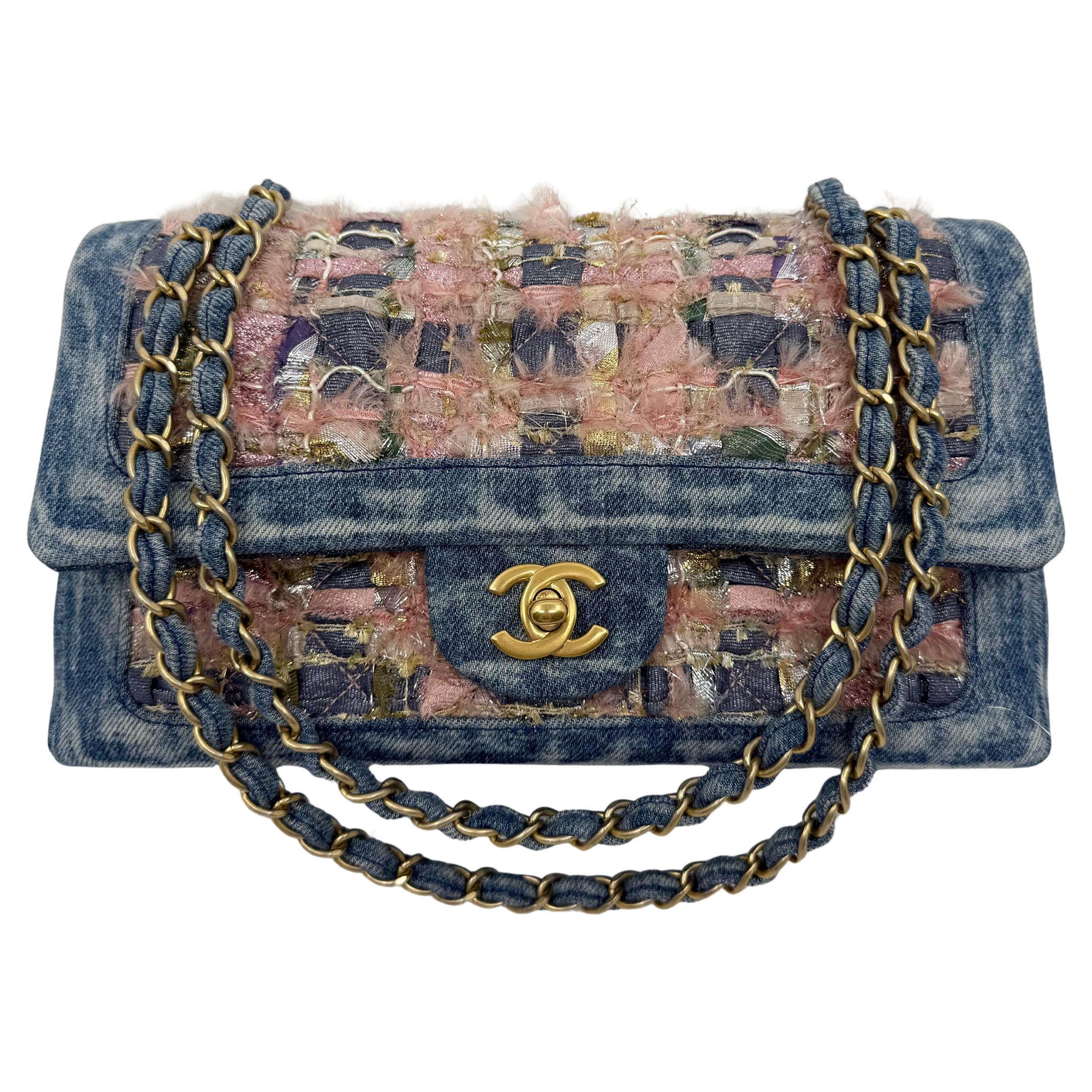 Chanel - Sac classique à double rabat en tweed rose - Sac à rabat moyen en vente