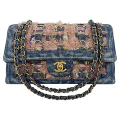 Borsa Chanel Rosa Tweed Denim Classic Double Flap Medium Flap