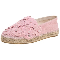 Chanel Pink Tweed Fabric CC Camellia Espadrilles Size 39