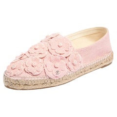 Chanel Pink Tweed Fabric CC Camellia Espadrilles Size 42