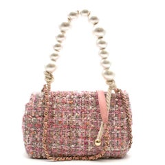 Chanel Pink Tweed Flap Bag With Large Pearl Handle - SS19 Collection