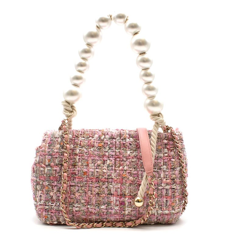 Chanel Pink Tweed Flap Bag With Large Pearl Handle - SS19 Collection at ...
