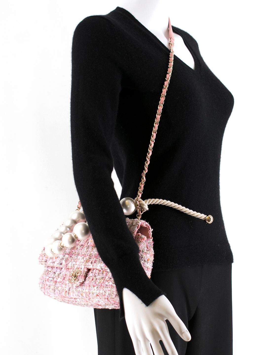 Chanel Pink Tweed Flap Bag With Large Pearl Handle - SS19 Collection	 1