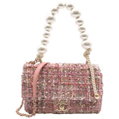 Chanel Pink Tweed Flap Bag With Large Pearl Handle - SS19 Collection	