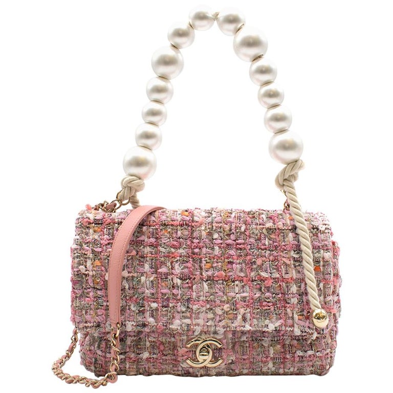 Chanel Pink Tweed Flap Bag With Large Pearl Handle - SS19