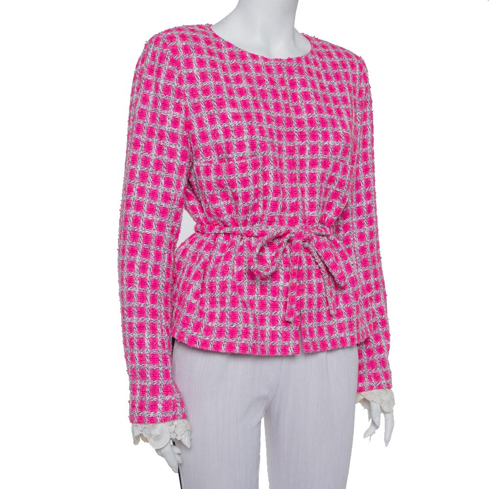 Chanel Pink Tweed Lace Trim Detail Belted Jacket XL In Good Condition In Dubai, Al Qouz 2