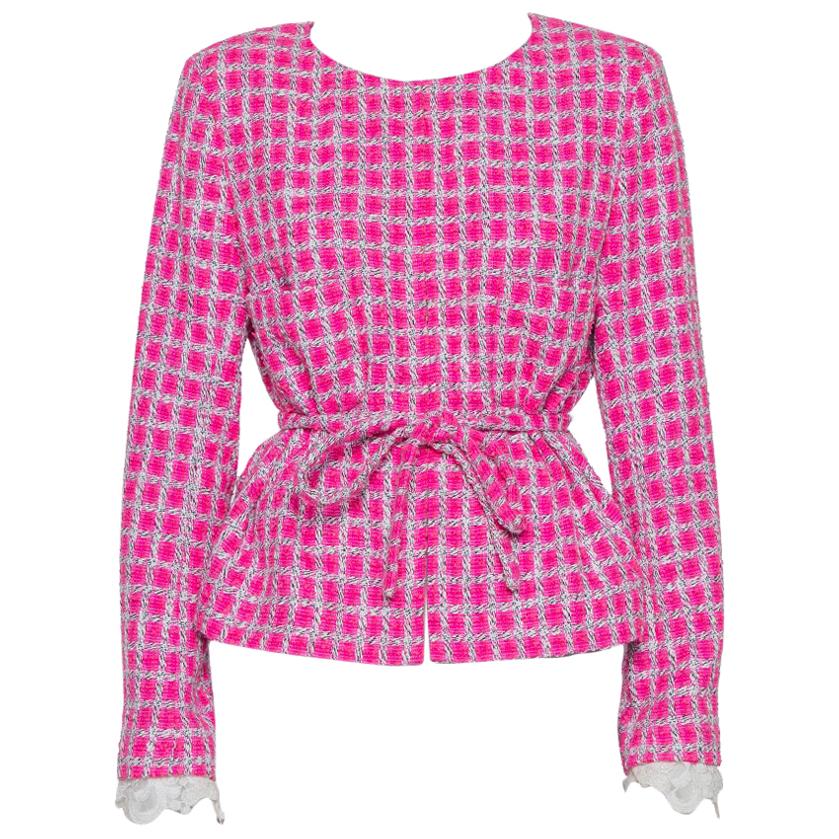 Chanel Pink Tweed Lace Trim Detail Belted Jacket XL